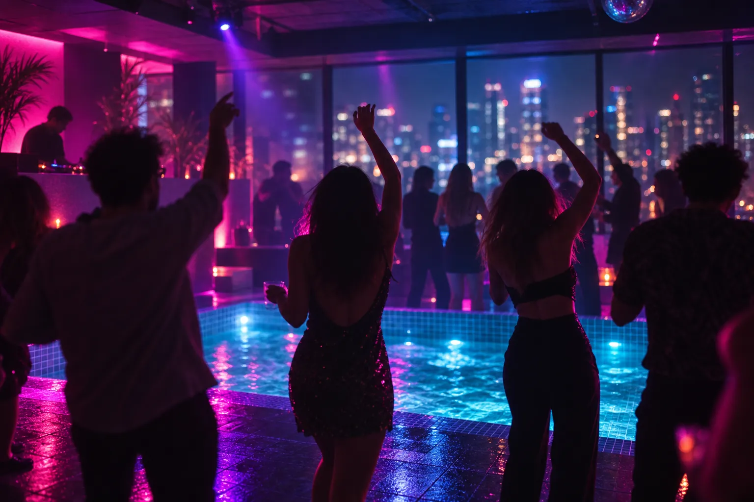 A dim rooftop dance floor with coloured lighting and a shallow plunge pool