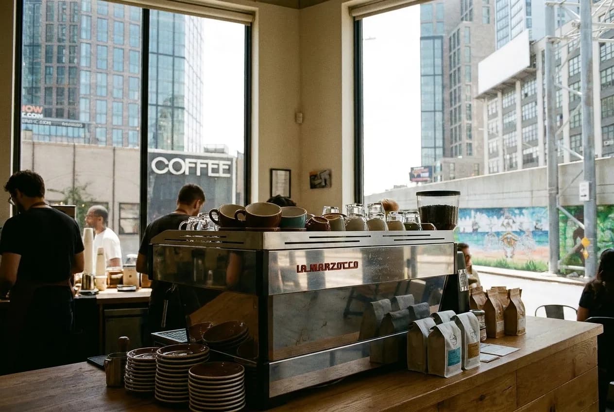 Espresso machine and cups on a busy New York coffee shop counter