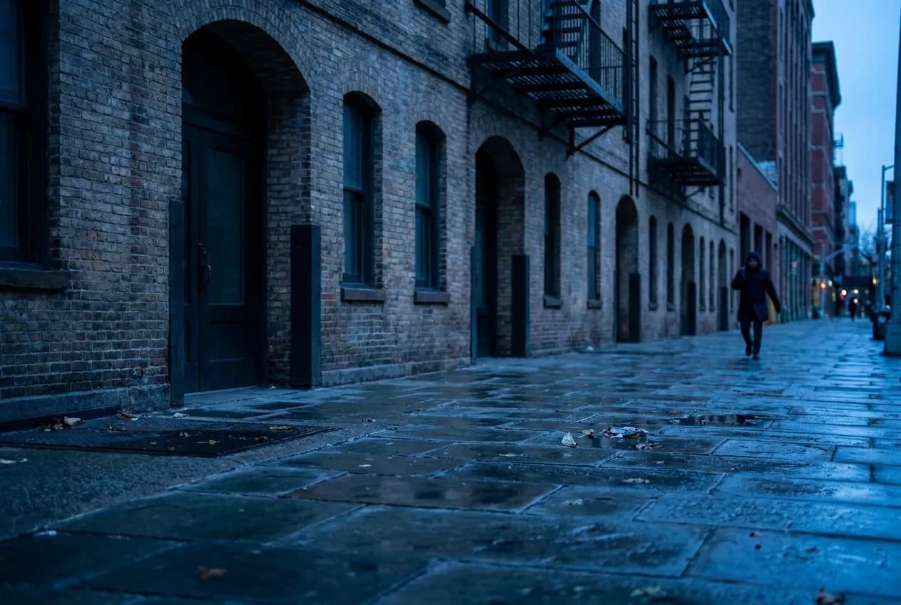 Empty New York sidewalk in the blue light before sunrise