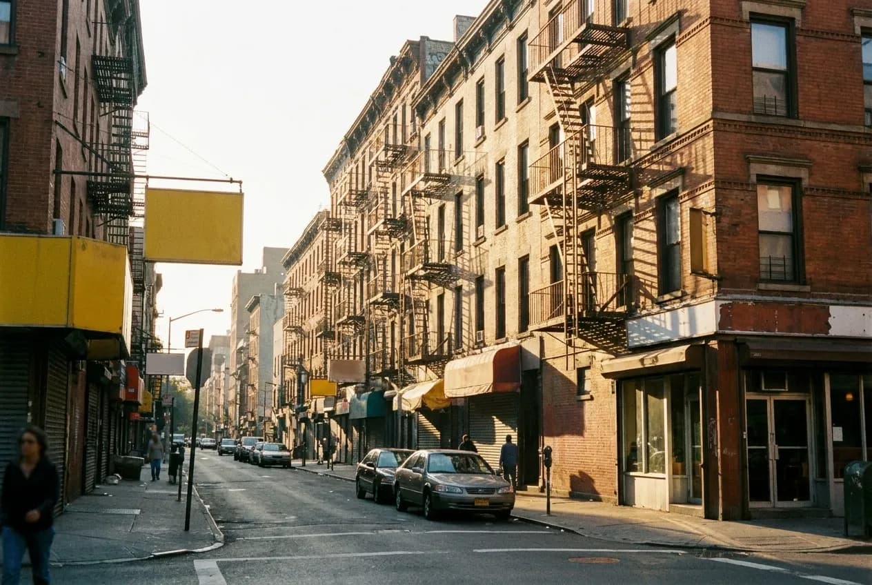 Morning light down a narrow Lower East Side block, a corner cafe window catching the sun