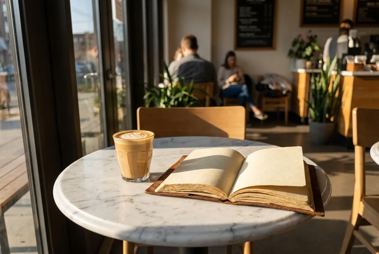 A marble cafe table with a cortado and a notebook, afternoon light across the surface