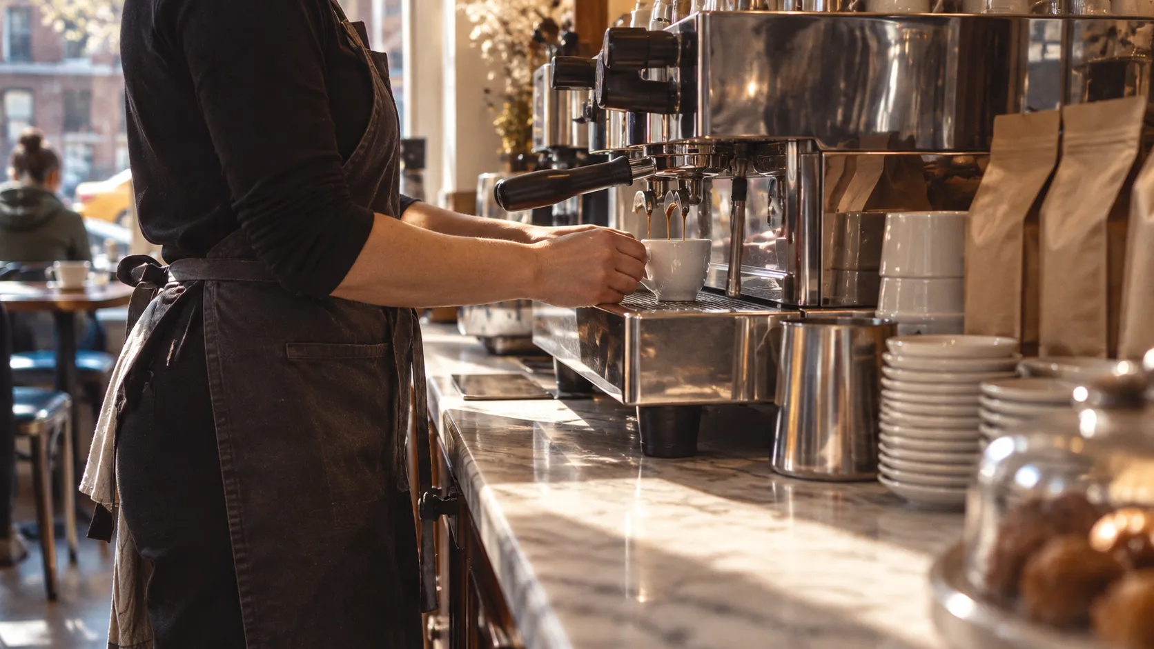 Barista prepares espresso in a ceramic cup beside the polished machine, marble counter, stacked cups and Partners coffee bags.