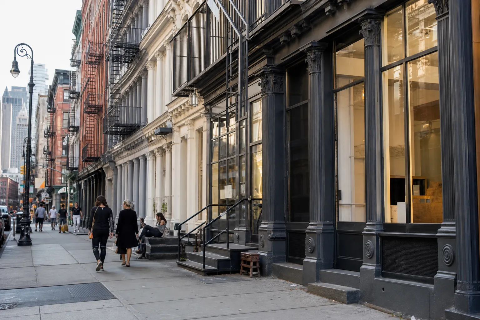 SoHo cast-iron street with storefront studio windows and pedestrians on a clear daytime block