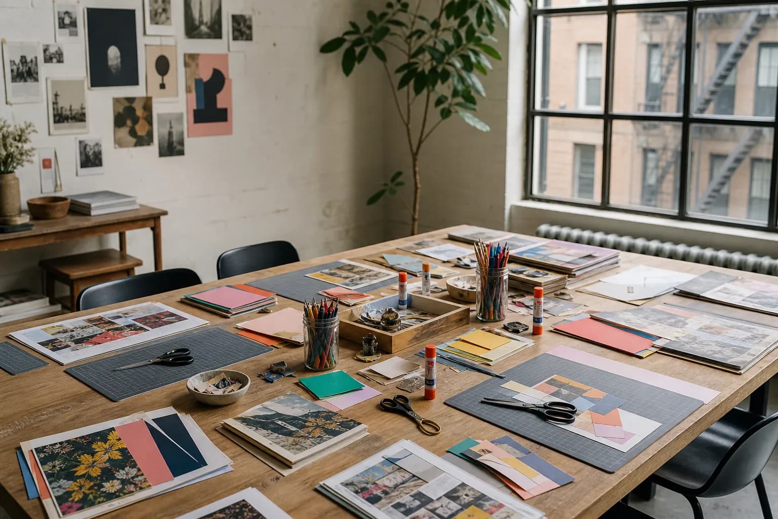 Collage materials laid out neatly on a workshop table in a bright SoHo studio