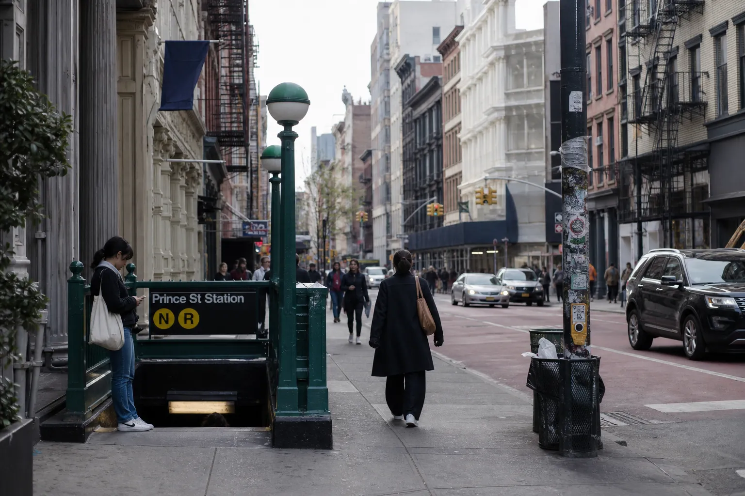 Subway entrance near SoHo with downtown street traffic and a creative outing mood