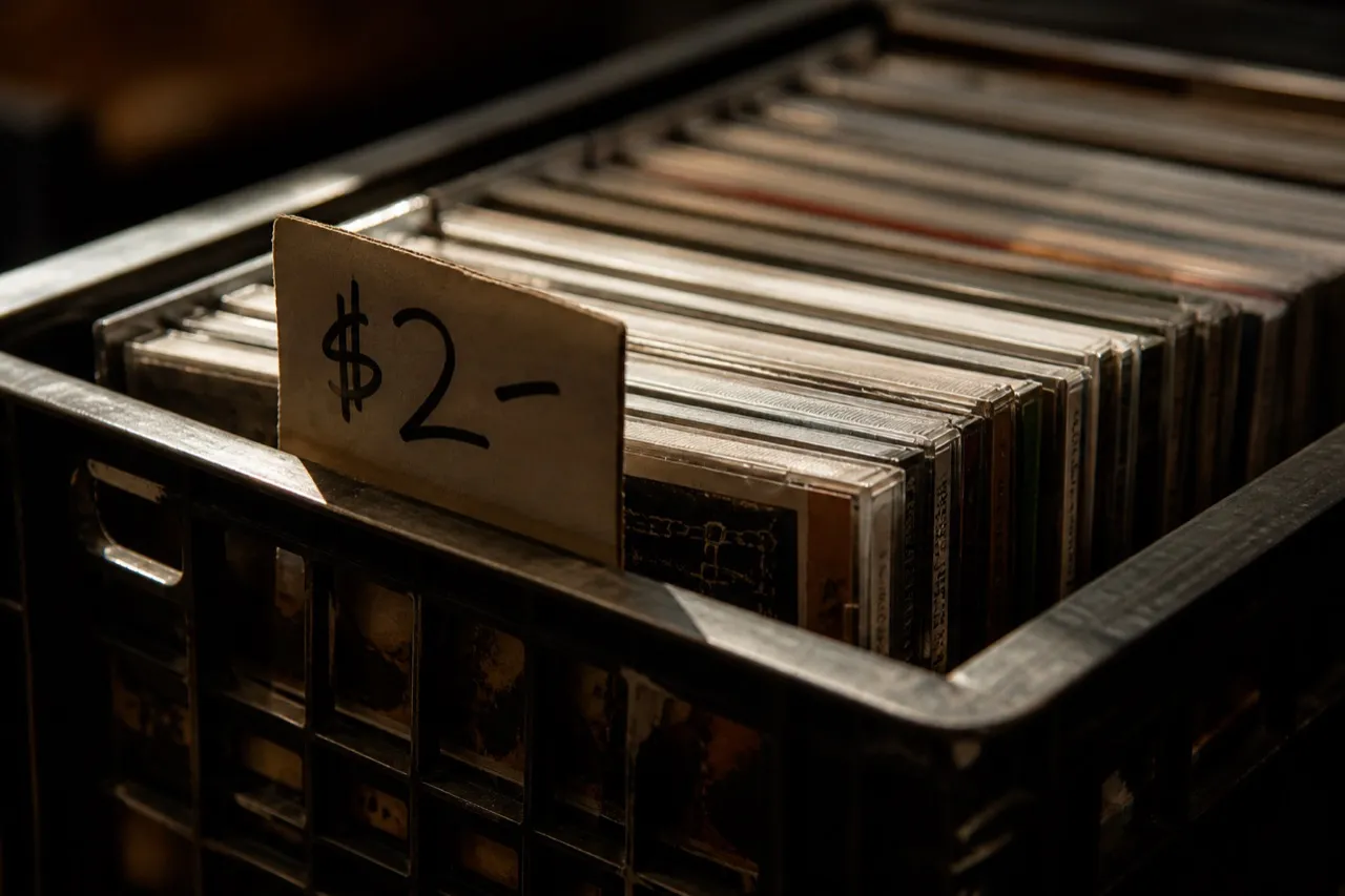 Crate of used compact discs with handwritten price card