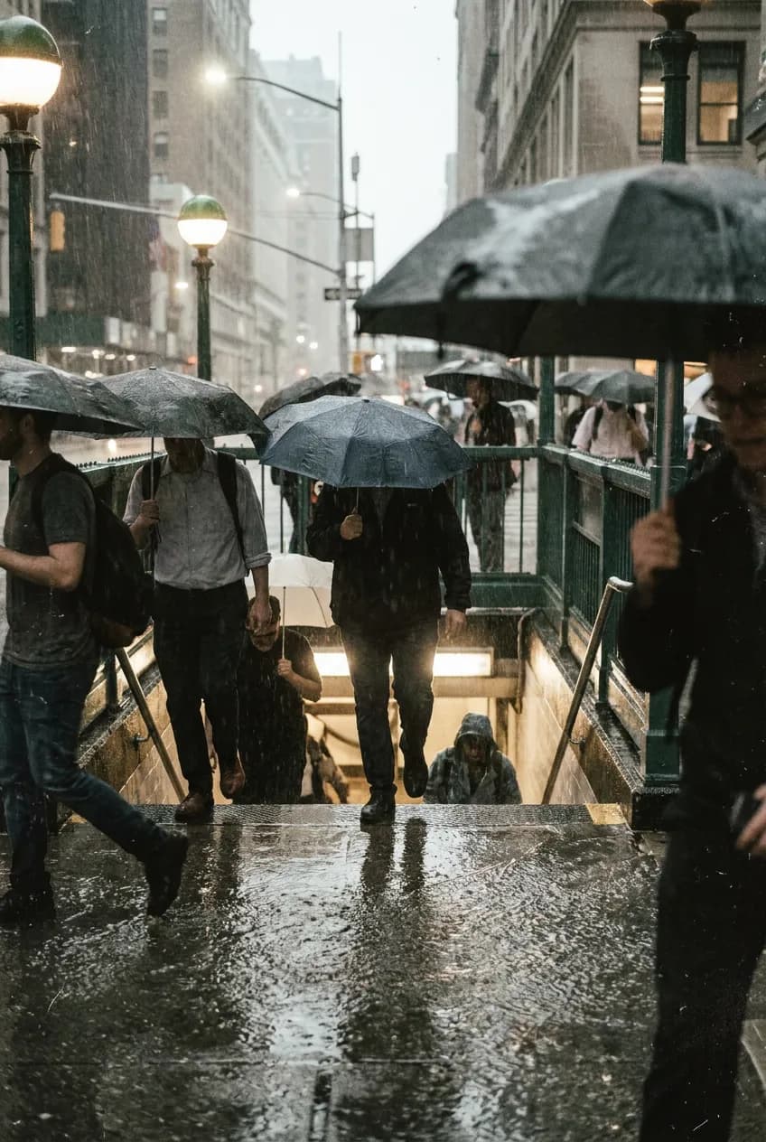 Rainy NYC subway entrance during a storm alert