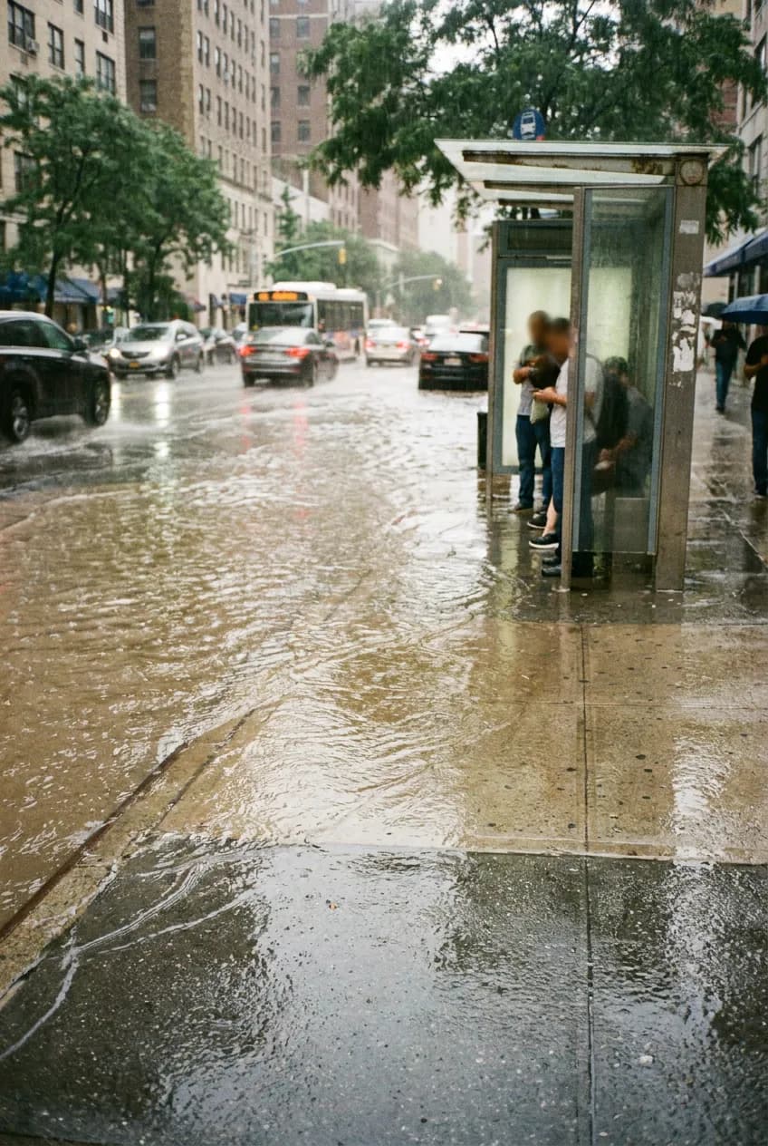 Flooded New York curb during heavy rain