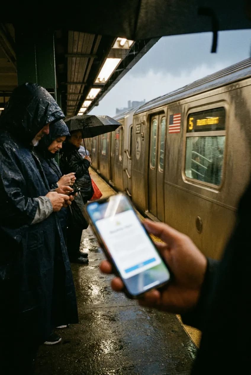 Commuter checking storm alert on a train platform
