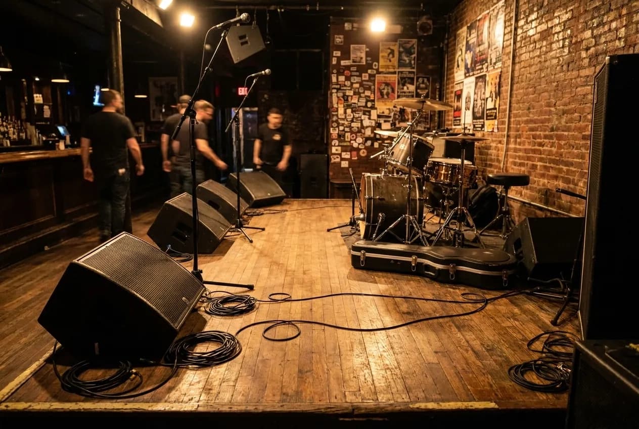 A small club stage before doors, monitors and cables laid out under work lights