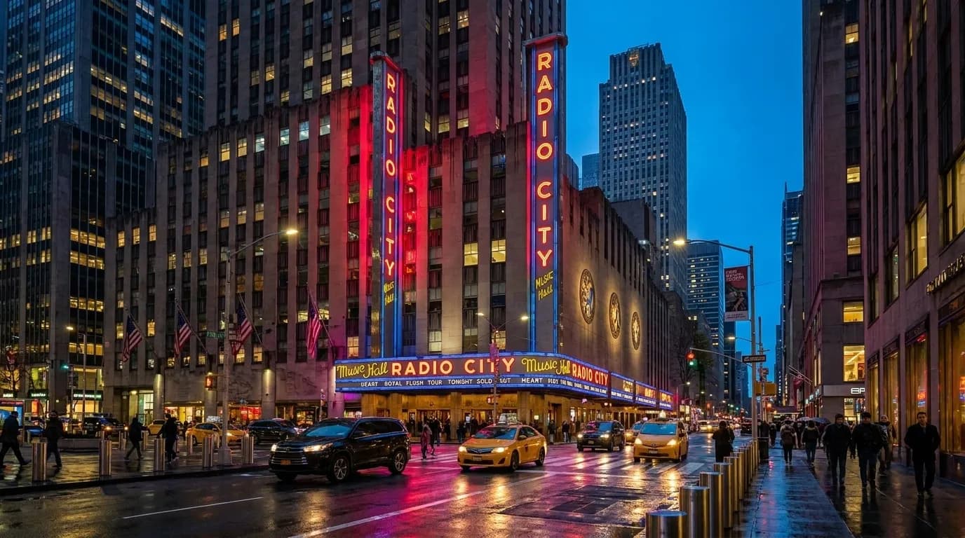 Radio City Music Hall illuminated marquee and Art Deco entrance