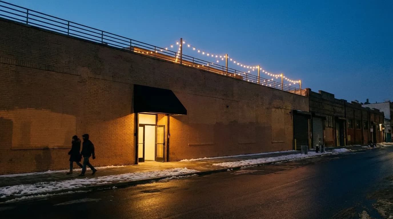 A low industrial block in Bushwick, Brooklyn at dusk, with a warmly lit doorway and a rooftop railing visible above.
