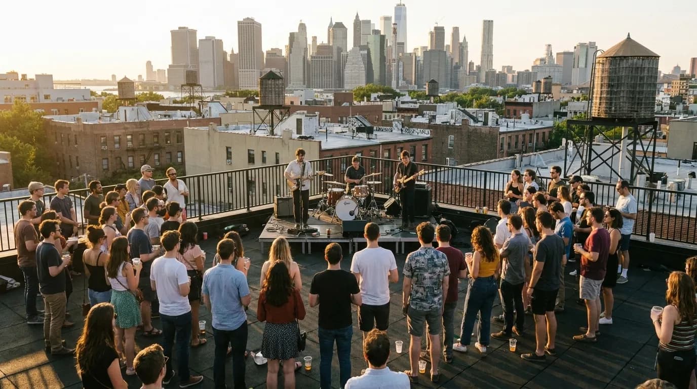 A rooftop crowd at golden hour watching a band play against a low Brooklyn skyline.