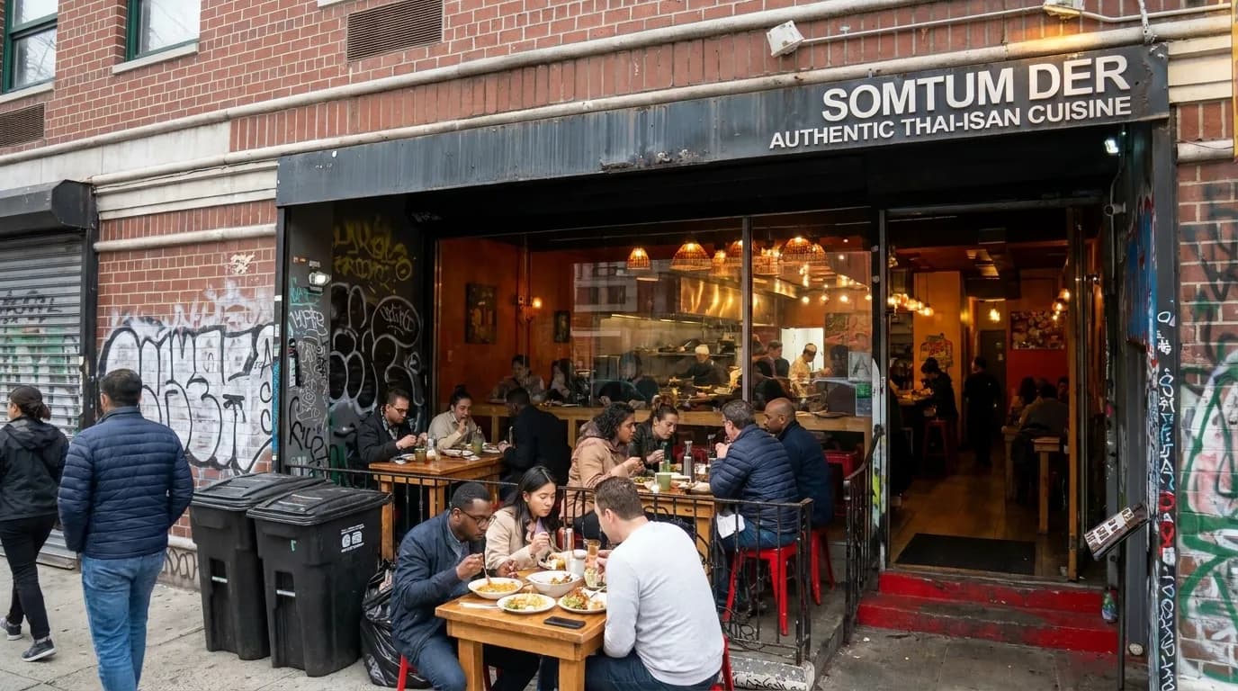 Bright dining room at Somtum Der with wooden tables and Thai street-food energy