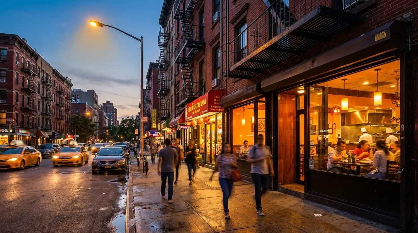 East Village sidewalk scene with Thai restaurant storefronts