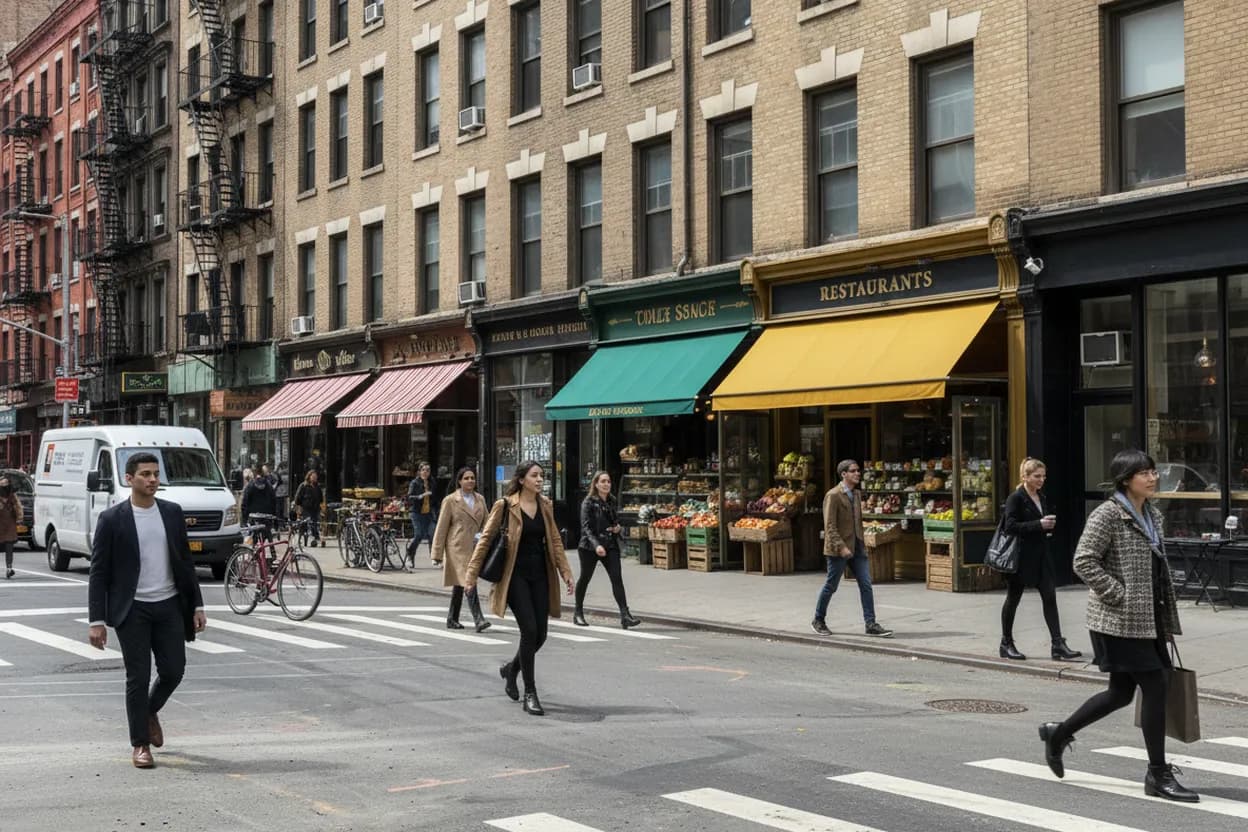 A Lexington Avenue block of small restaurants and markets