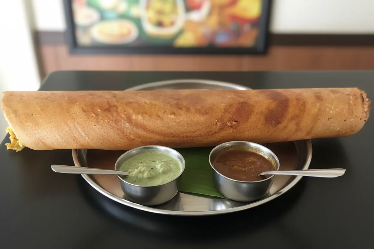 A crisp masala dosa with sambar and chutney