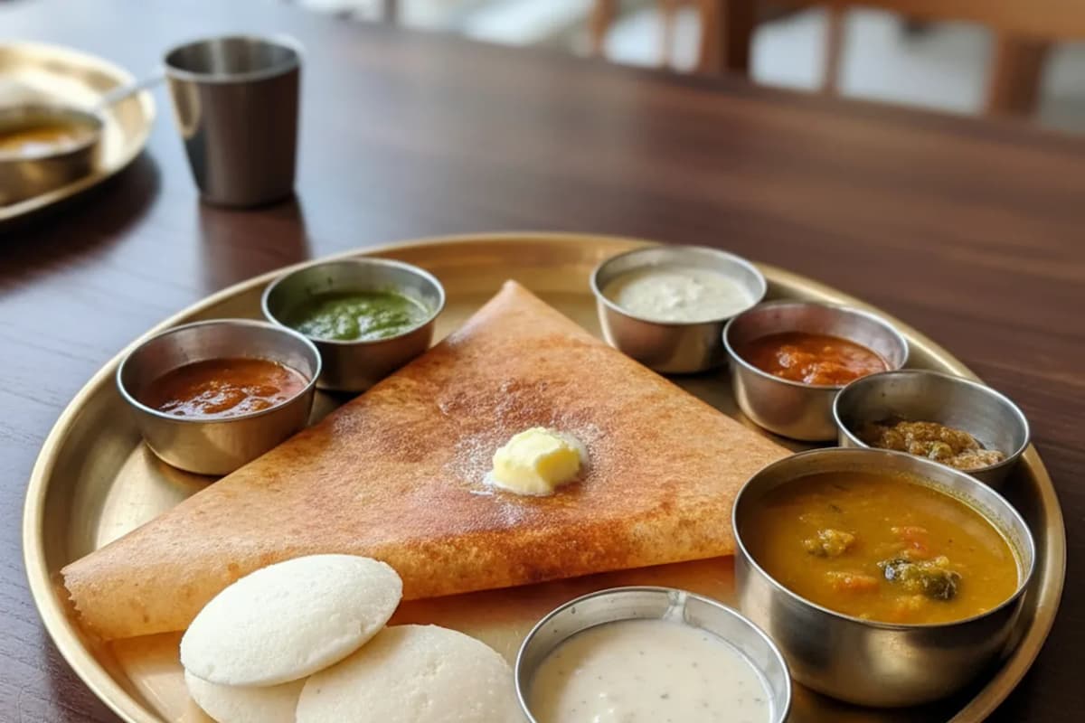 A South Indian spread with dosa and chutneys