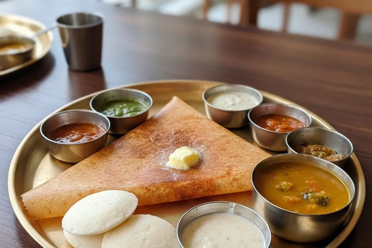 A South Indian spread with dosa and chutneys