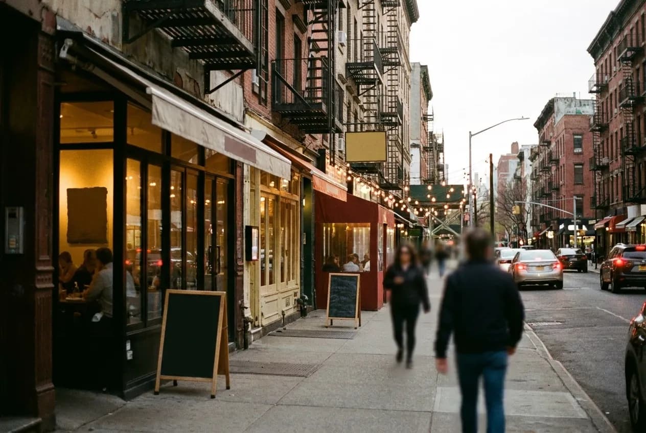 Early evening on an East Village block, restaurant windows starting to fill