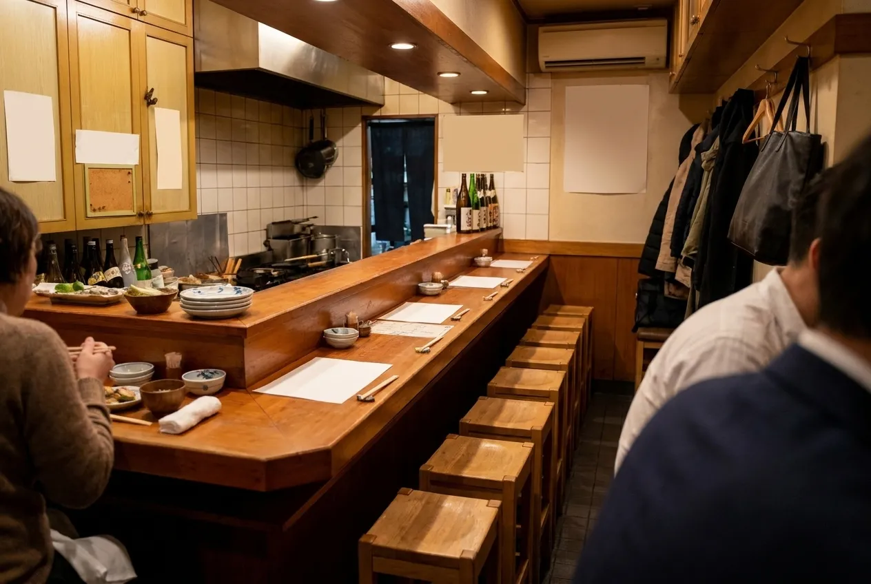 A narrow dining room with a dozen seats along a single counter