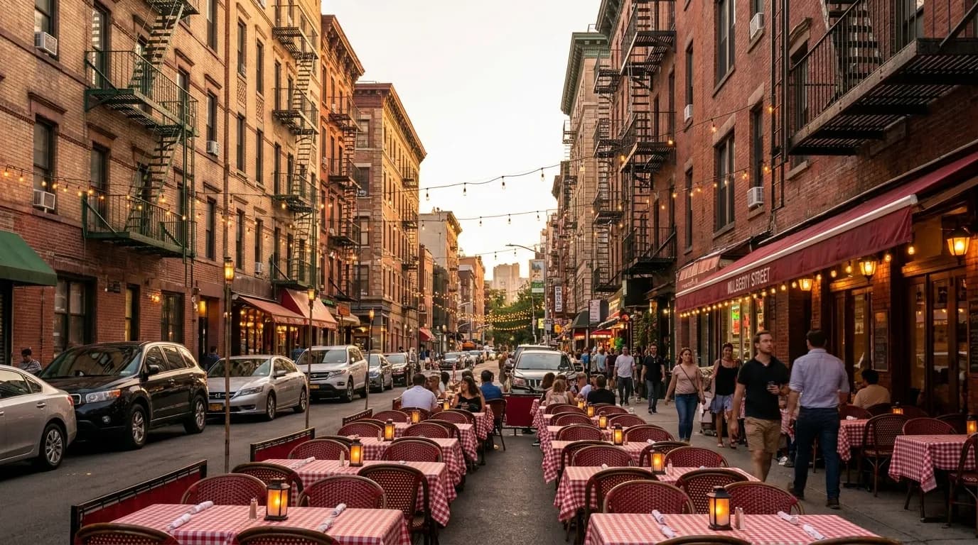 Evening streetscape along Mulberry Street in Manhattan's Little Italy