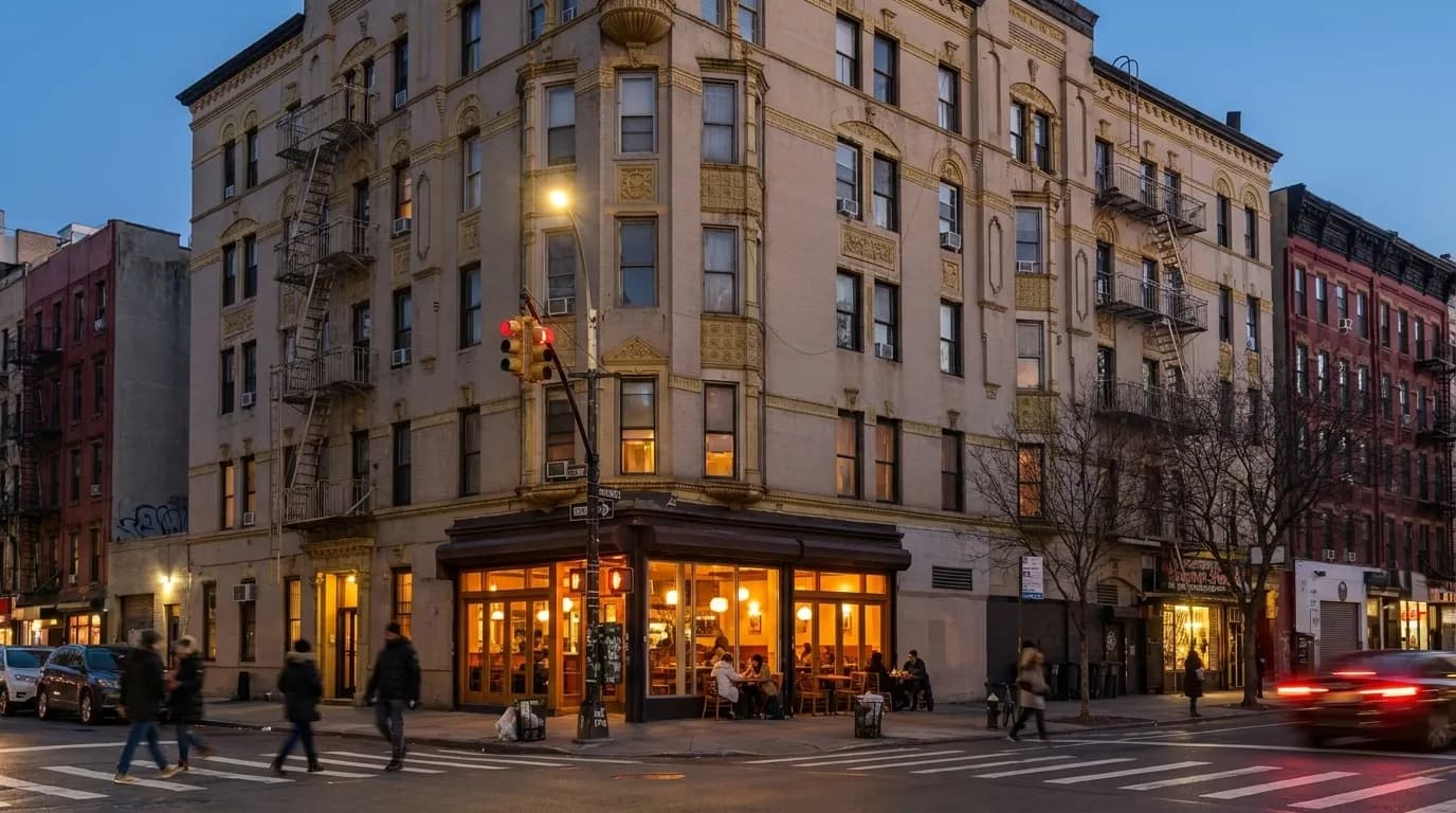 Intimate corner restaurant entrance on the Lower East Side at dusk
