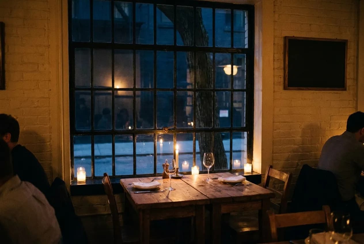 A corner two-top by a window, candle lit, the street dark beyond the glass