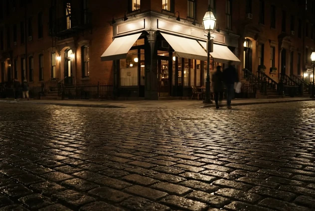 A lamp-lit cobbled street after dinner, the sort of block you walk without deciding to