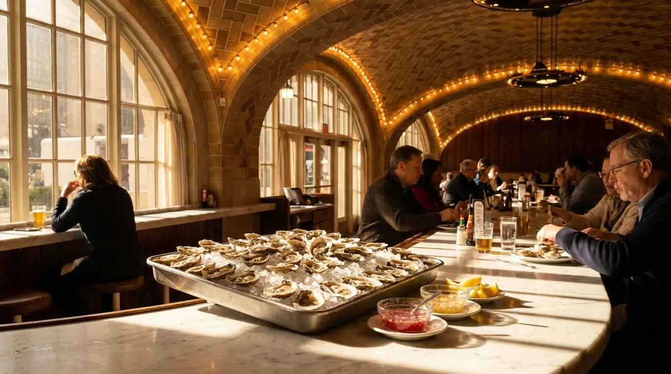 Rows of fresh oysters on ice at a classic New York oyster bar counter