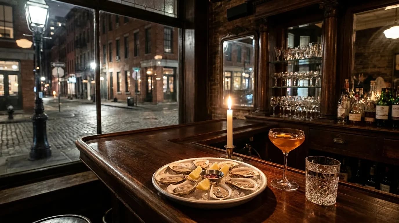 Elegant oyster presentation with vintage tableware in a dimly lit bar