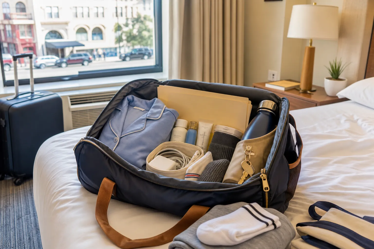 First-night dorm bag opened on a hotel bed