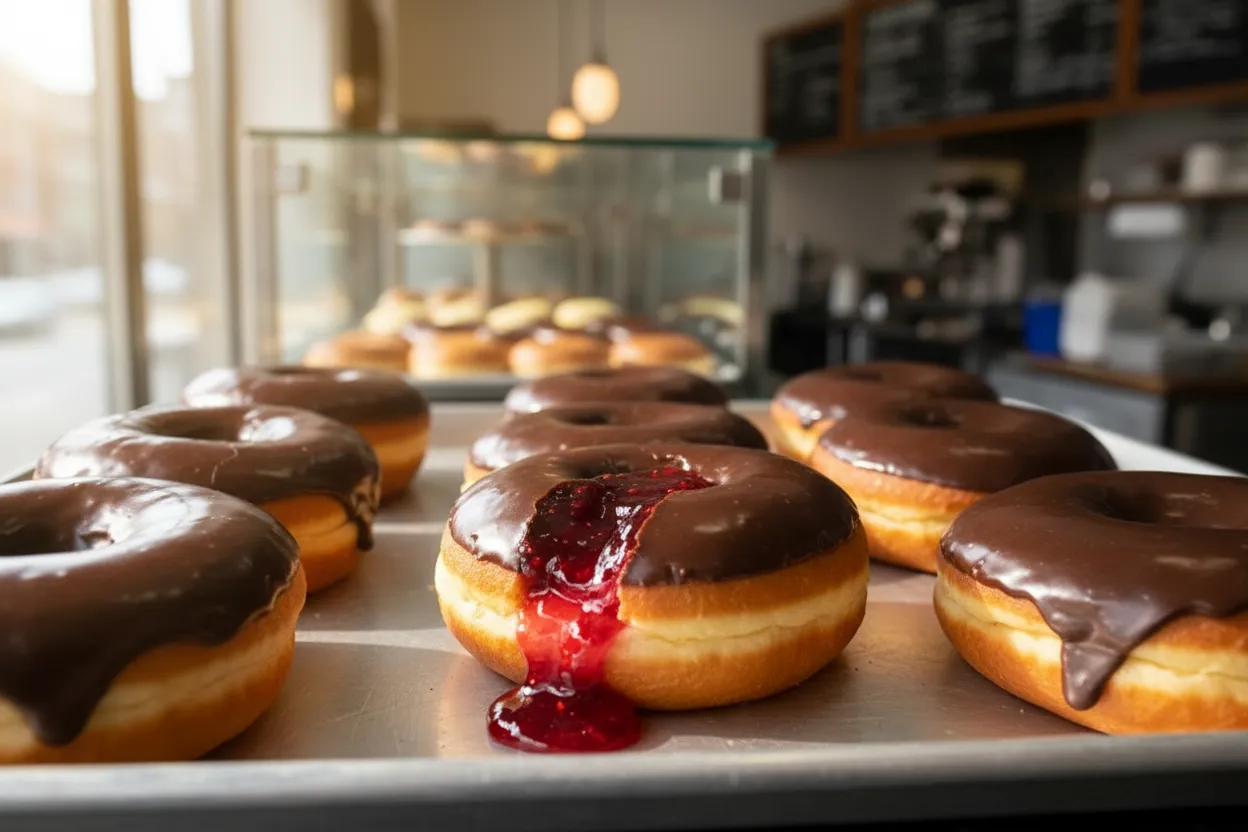 A fresh filled doughnut at a NYC bakery counter