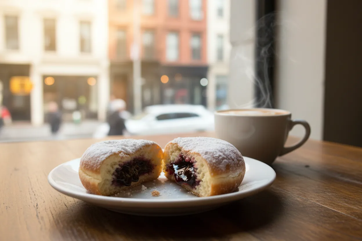 A powdered-sugar jelly doughnut with coffee