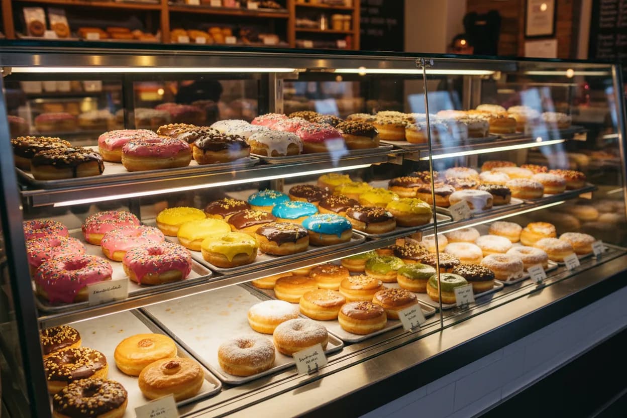 A colorful case of glazed and filled doughnuts