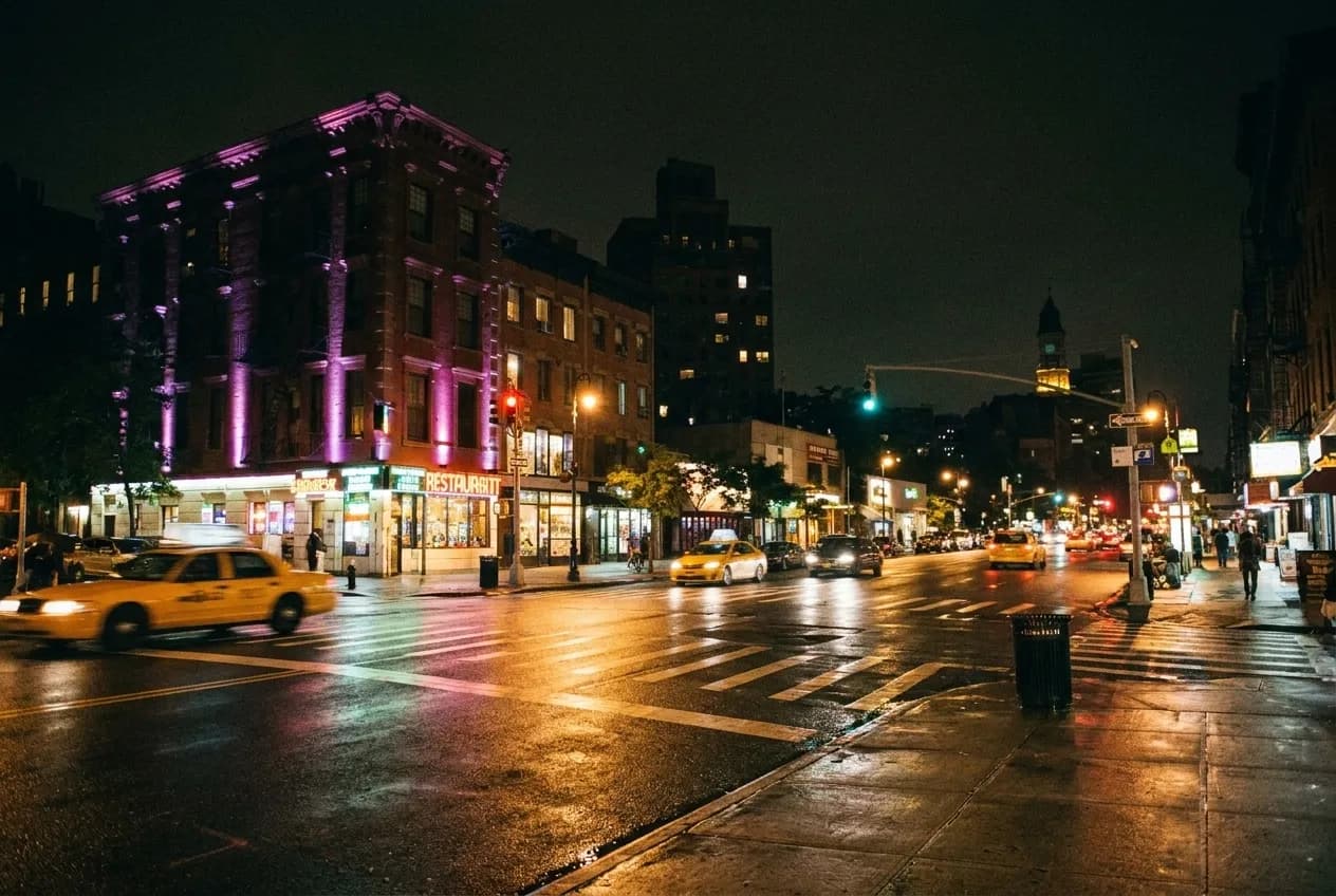 A wide East Village avenue after rain, storefronts still lit well past midnight