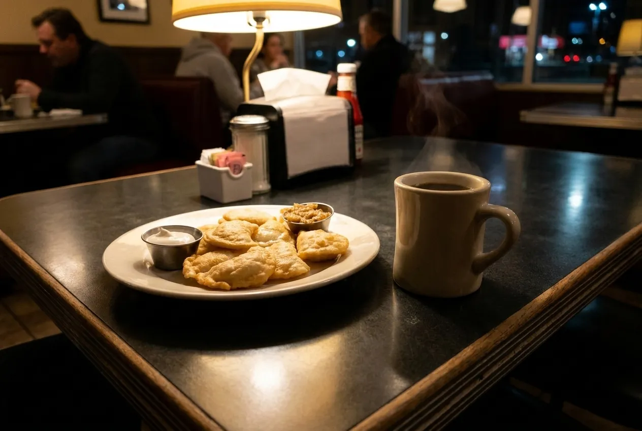 A plate of pierogi and a mug of coffee on a diner table late at night