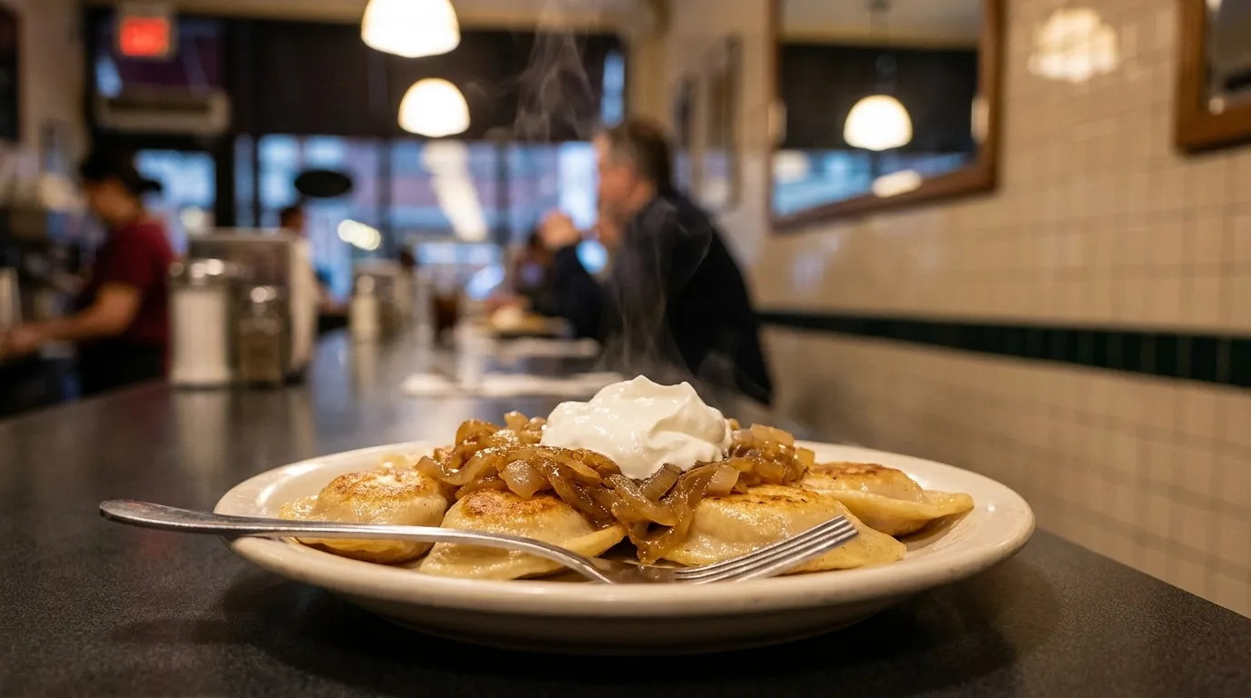 Golden pierogies with caramelized onions and sour cream at a classic Ukrainian diner