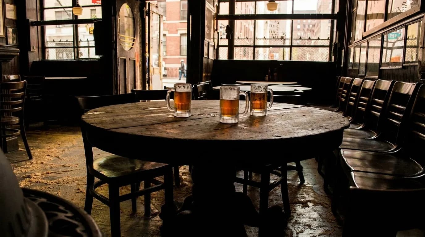 Two mugs of ale on a worn wooden table at a historic East Village tavern