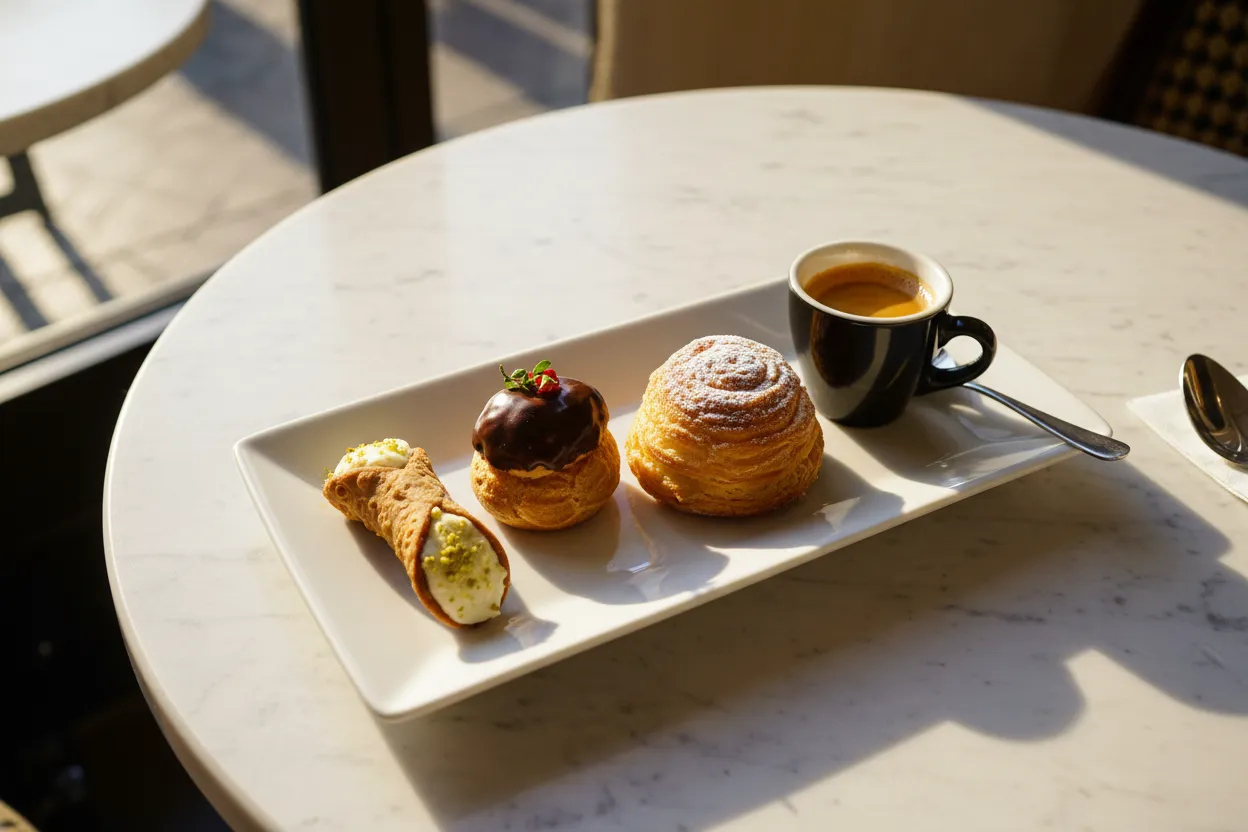 Italian pastries and espresso still life for an East Village dessert crawl