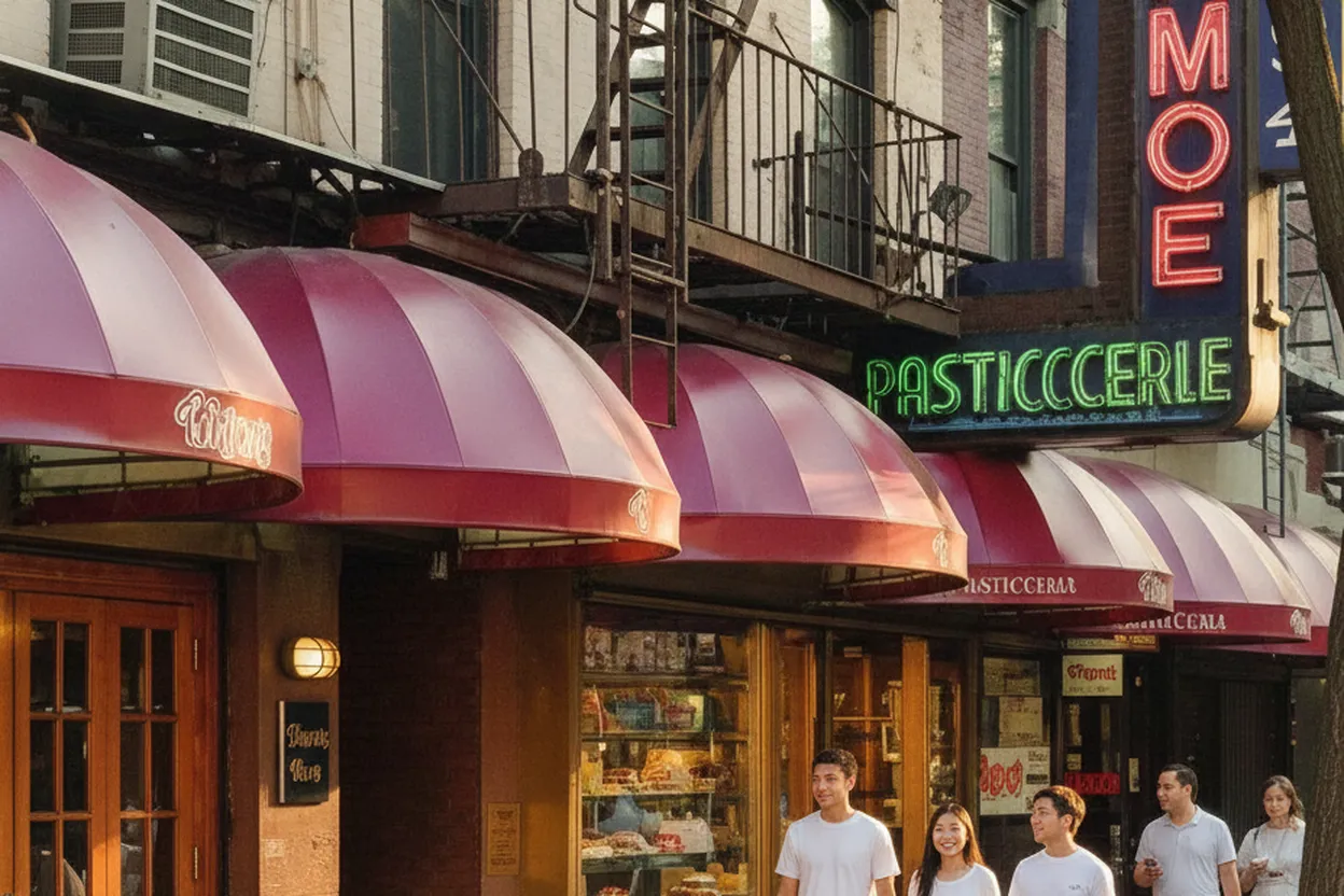 Historic East Village pasticceria storefront on a summer afternoon