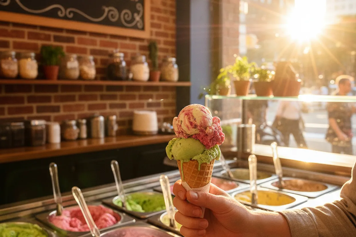Small-batch ice cream cone at a late-night East Village counter