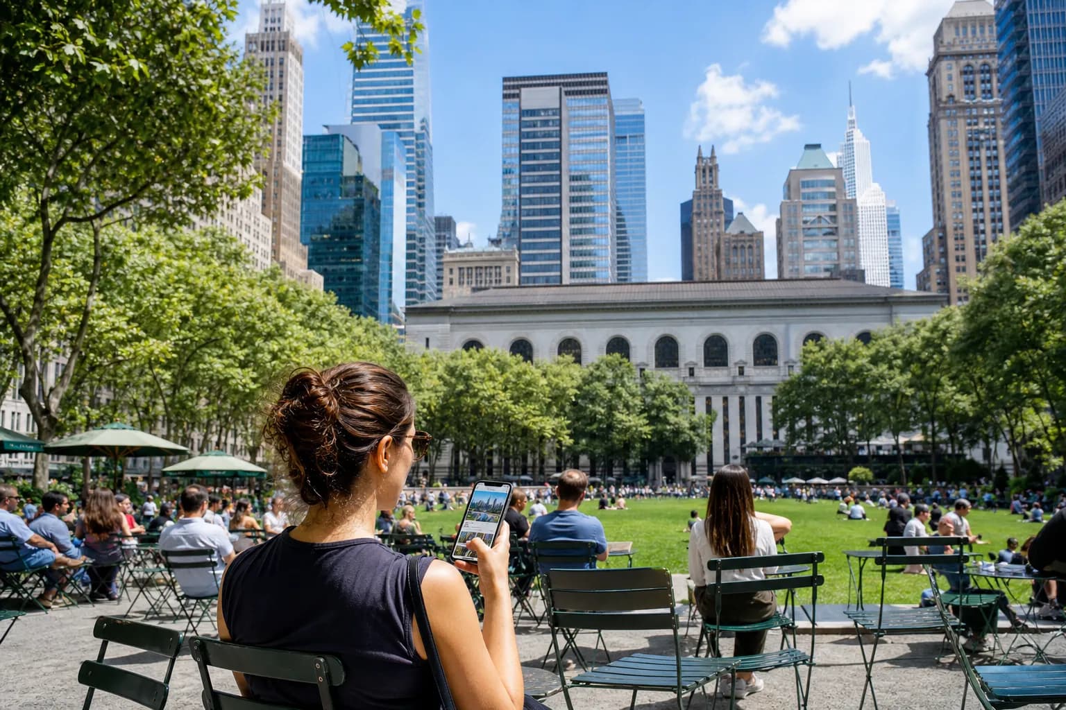 People planning a skyline route from Bryant Park chairs
