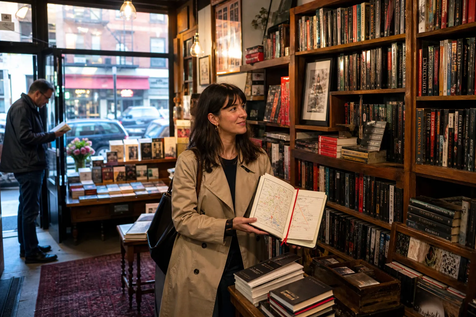 Warm independent mystery bookstore route in NYC