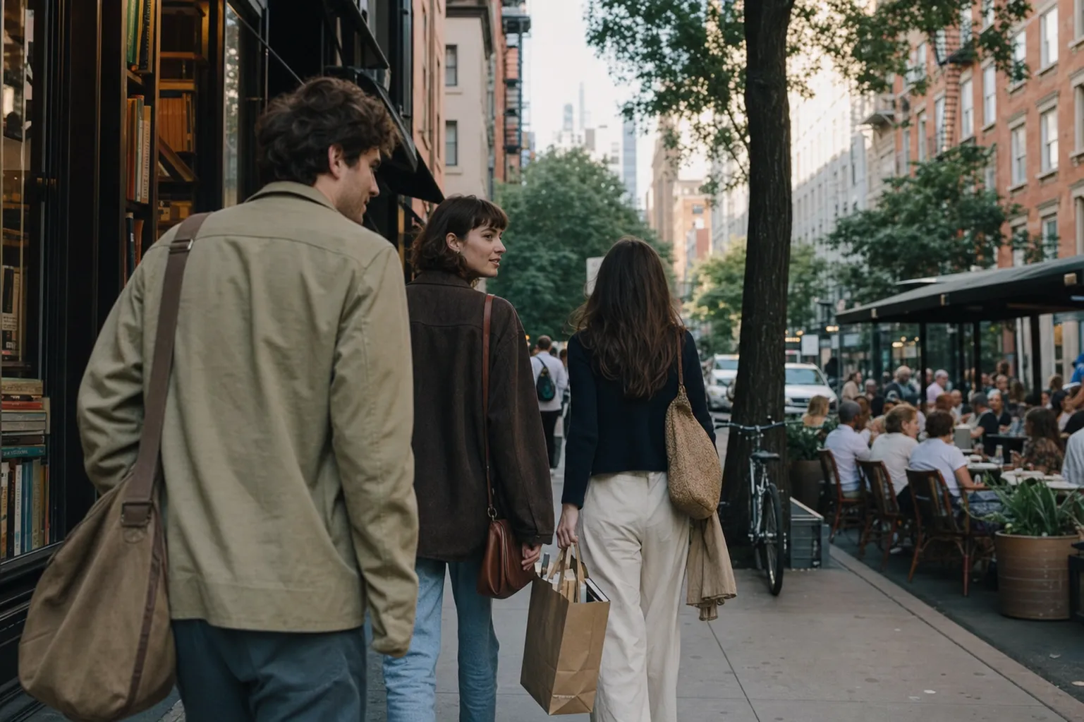 Friends carrying books through a downtown NYC reading route