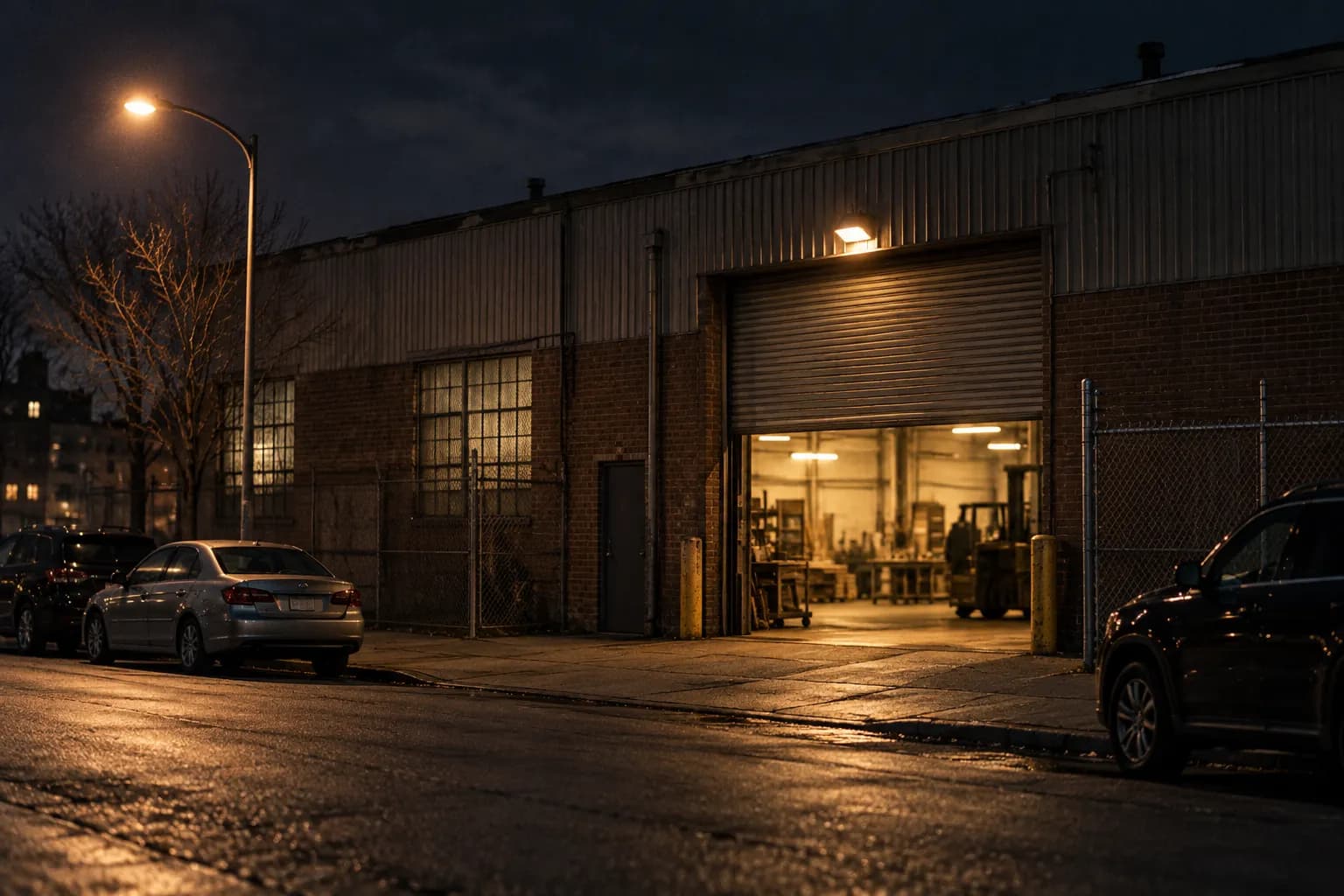 A converted industrial building at night in an East Williamsburg street