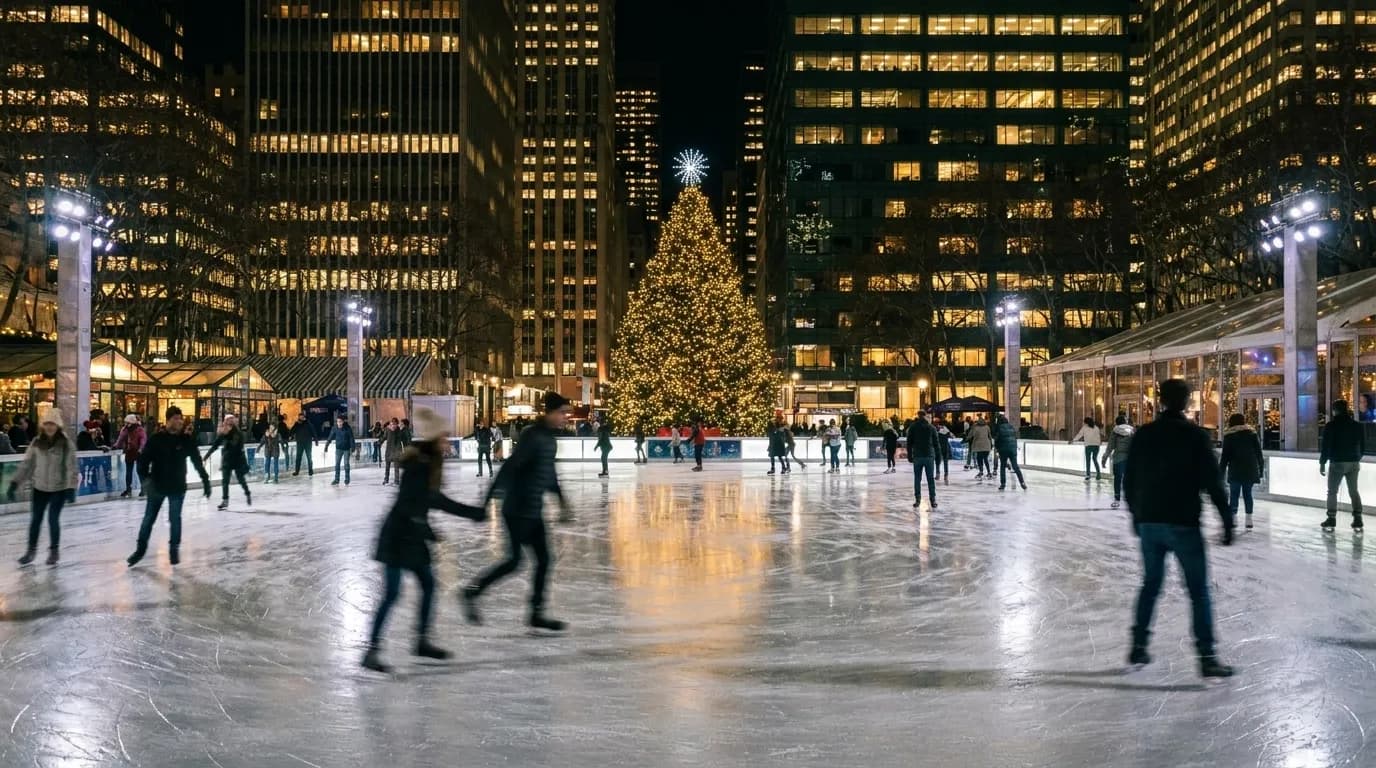 Skaters circling an outdoor rink at night with skyscrapers and a lit library building behind them.