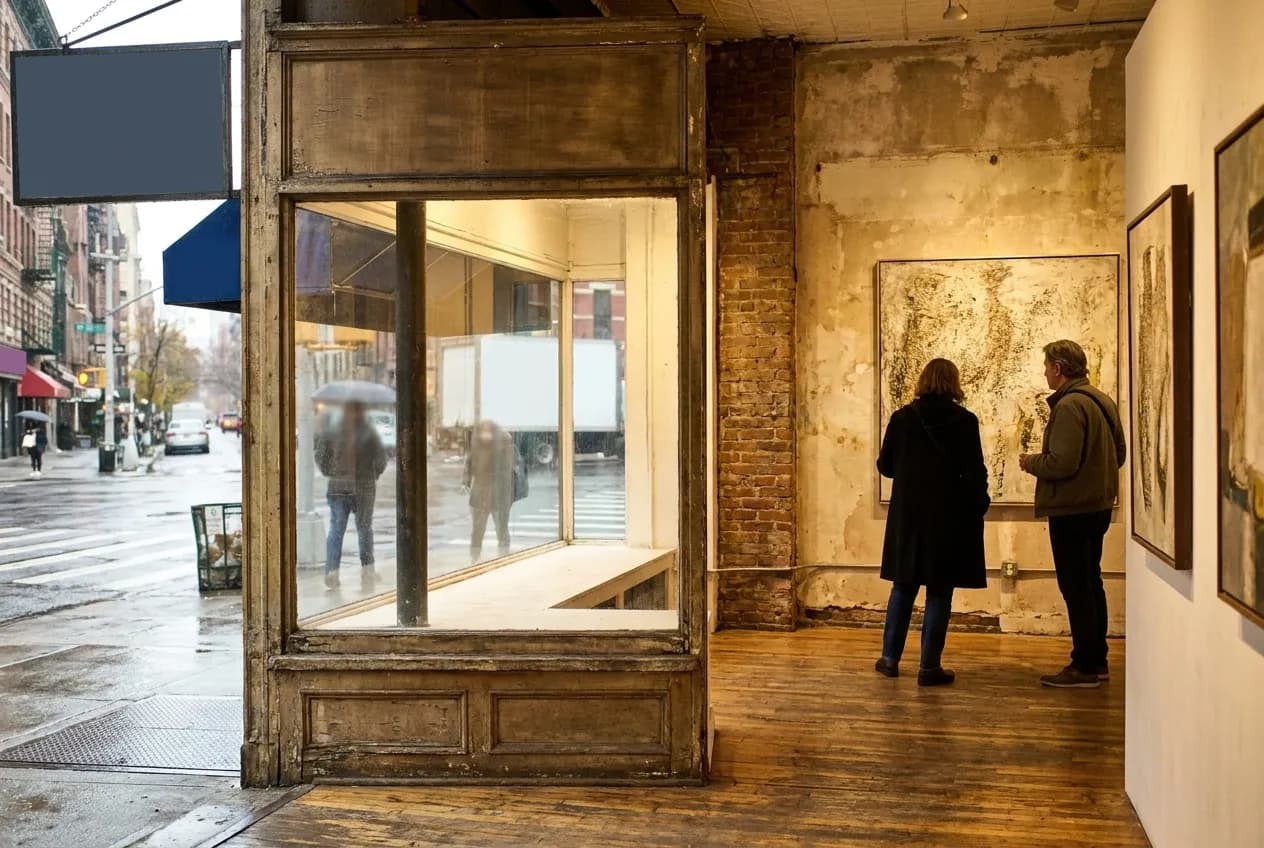 A small ground-floor gallery, two people considering a wall of work