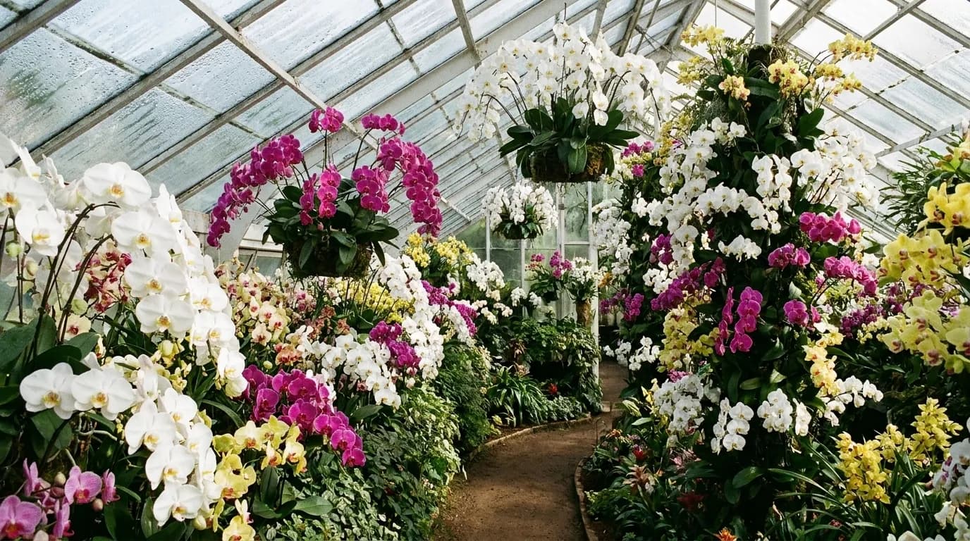 Dense arrangements of orchids in white, magenta and yellow hanging and banked inside a humid glasshouse.