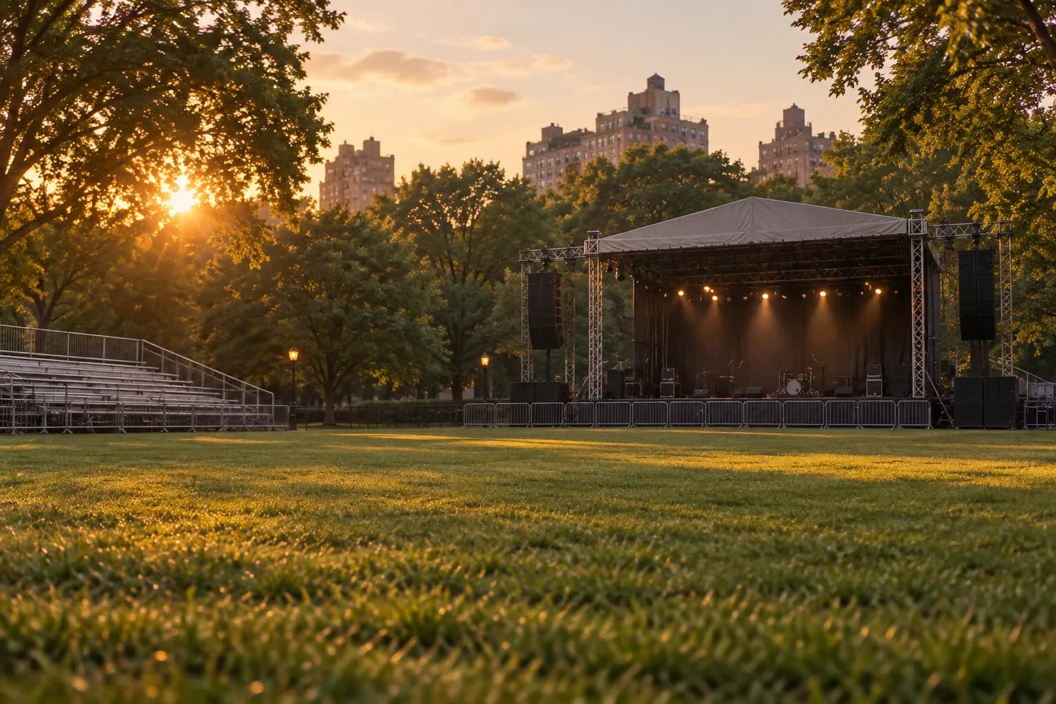 An outdoor concert field in a park with trees and a stage at dusk